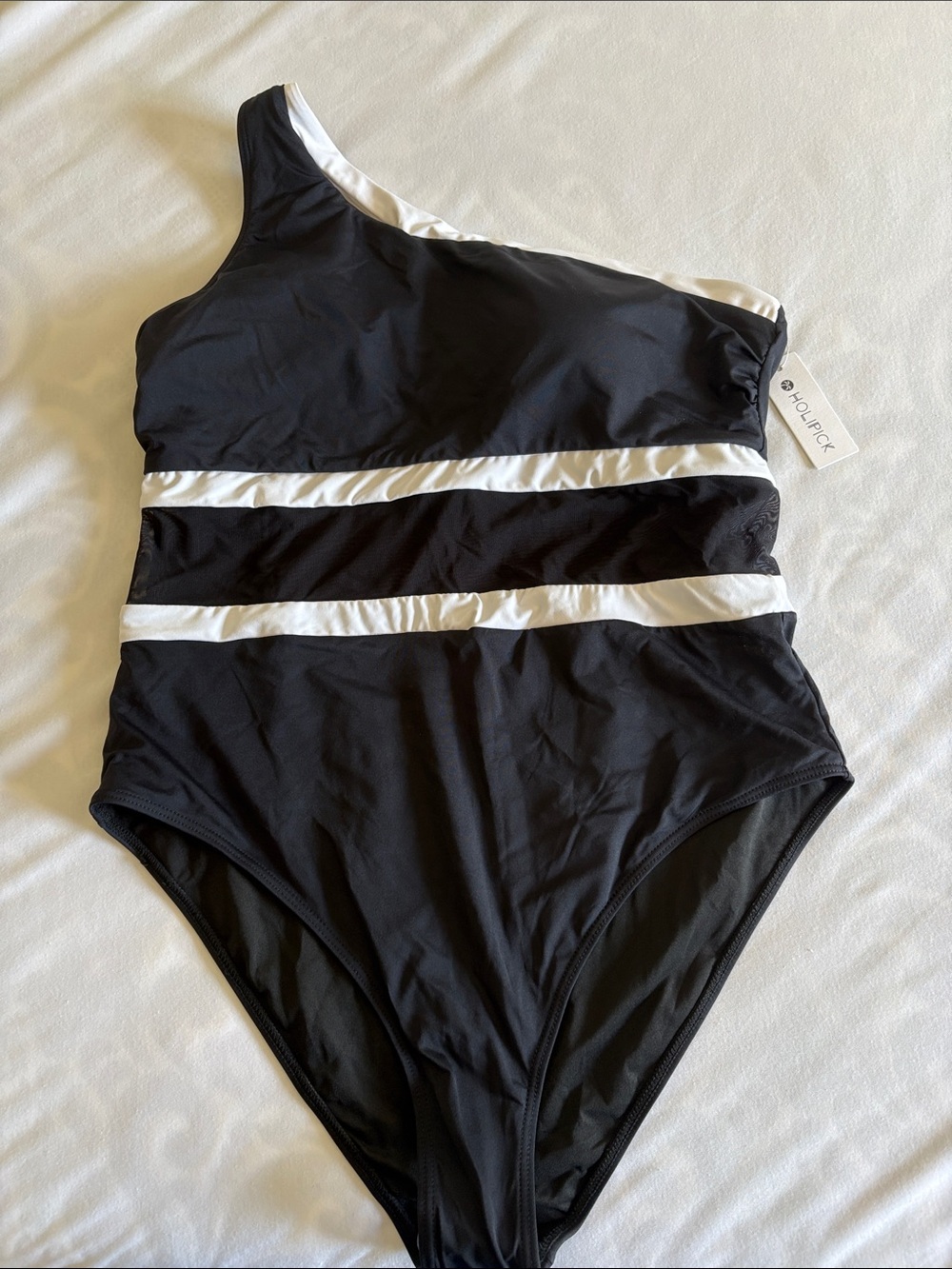 One-Shoulder Black & White Stripe One-Piece Swimsuit - Holipick